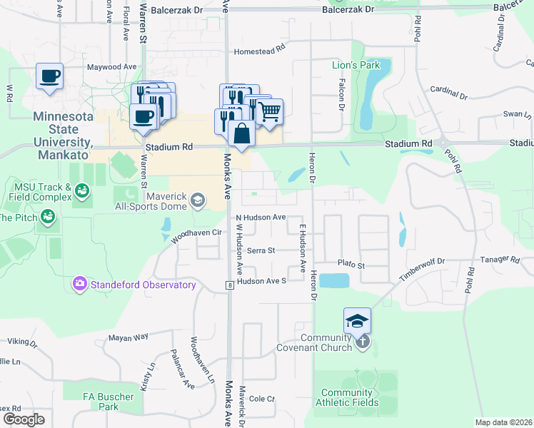 map of restaurants, bars, coffee shops, grocery stores, and more near 118 North Hudson Avenue in Mankato