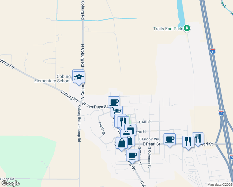 map of restaurants, bars, coffee shops, grocery stores, and more near 32659 East Macy Street in Coburg