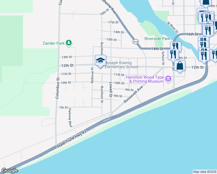 map of restaurants, bars, coffee shops, grocery stores, and more near 903 Buchholz Street in Two Rivers