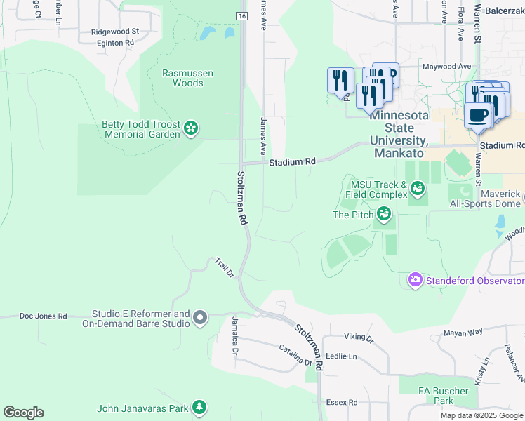 map of restaurants, bars, coffee shops, grocery stores, and more near 739 James Avenue in Mankato