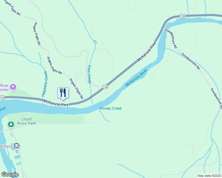map of restaurants, bars, coffee shops, grocery stores, and more near 45036 McKenzie Highway in Walterville