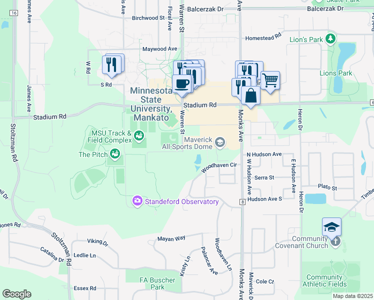map of restaurants, bars, coffee shops, grocery stores, and more near 1902 Warren Street in Mankato
