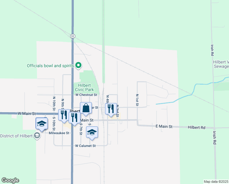 map of restaurants, bars, coffee shops, grocery stores, and more near 211 North 3rd Street in Hilbert
