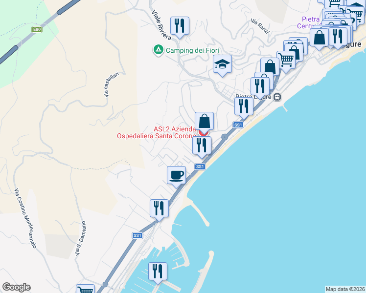 map of restaurants, bars, coffee shops, grocery stores, and more near 156 Via Milano in Pietra Ligure