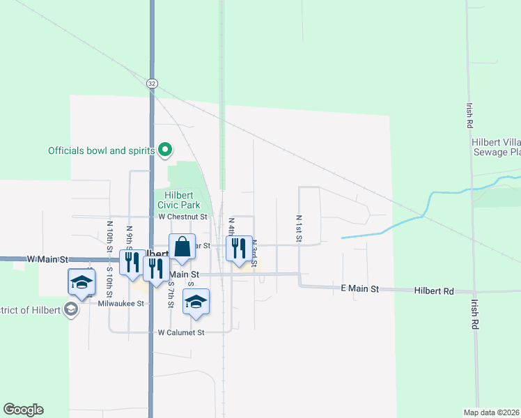 map of restaurants, bars, coffee shops, grocery stores, and more near 211 North 3rd Street in Hilbert