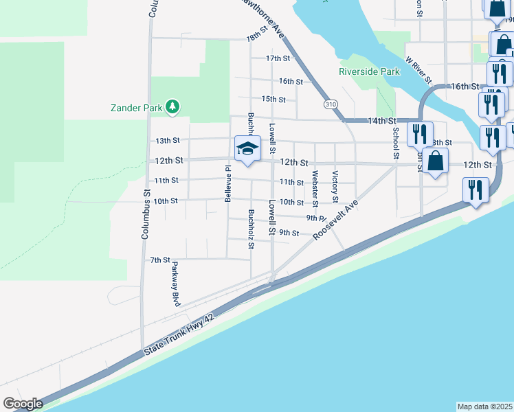 map of restaurants, bars, coffee shops, grocery stores, and more near 903 Buchholz Street in Two Rivers