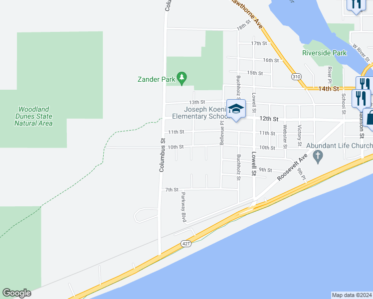 map of restaurants, bars, coffee shops, grocery stores, and more near 918 Parkway Court in Two Rivers