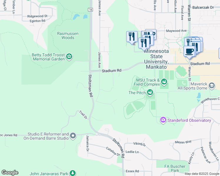 map of restaurants, bars, coffee shops, grocery stores, and more near 744 James Avenue in Mankato