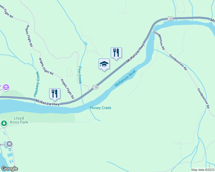 map of restaurants, bars, coffee shops, grocery stores, and more near 45036 McKenzie Highway in Walterville