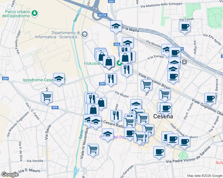 map of restaurants, bars, coffee shops, grocery stores, and more near 22B Via Mulini in Cesena