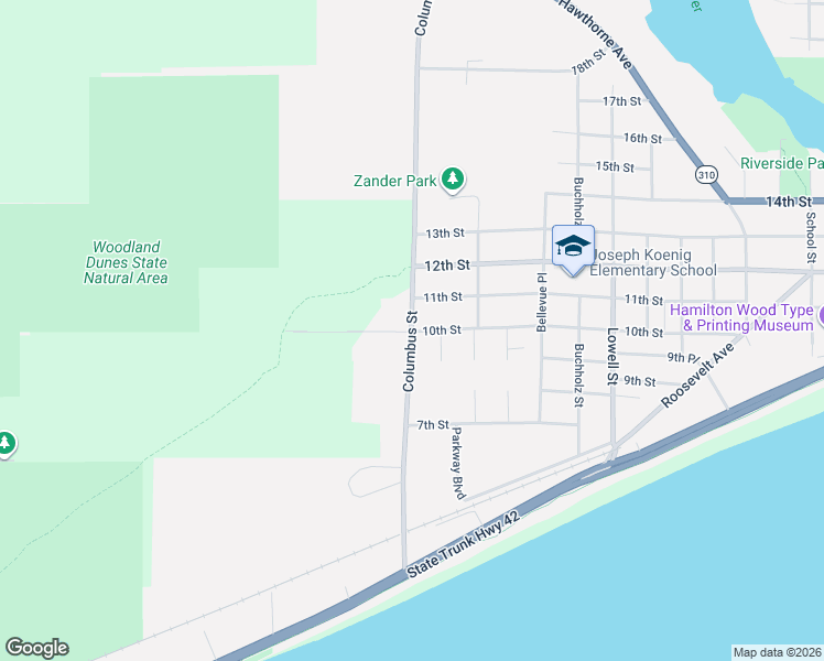 map of restaurants, bars, coffee shops, grocery stores, and more near Columbus St & 10th St in Two Rivers