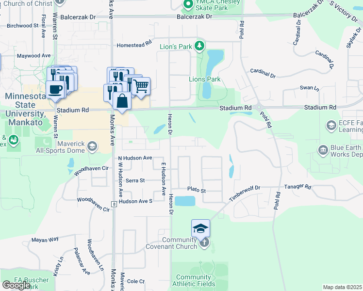 map of restaurants, bars, coffee shops, grocery stores, and more near 300 North Mozart Avenue in Mankato