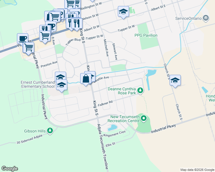 map of restaurants, bars, coffee shops, grocery stores, and more near 4 Knight Street in New Tecumseth