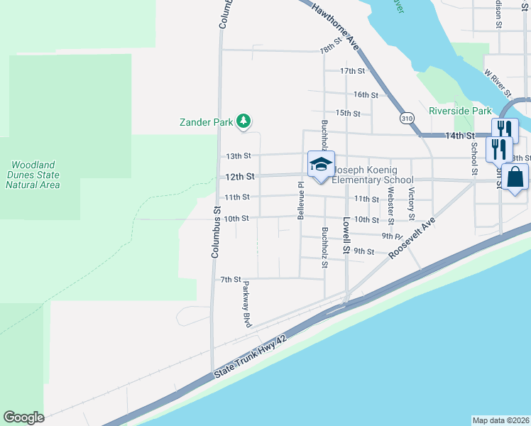 map of restaurants, bars, coffee shops, grocery stores, and more near 2814 11th Street in Two Rivers