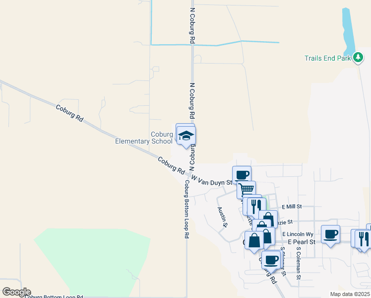 map of restaurants, bars, coffee shops, grocery stores, and more near 91274 North Coburg Road in Coburg