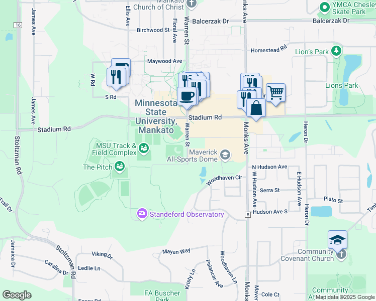 map of restaurants, bars, coffee shops, grocery stores, and more near 1904 Warren Street in Mankato