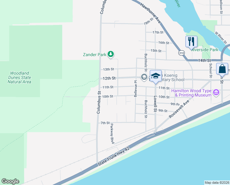 map of restaurants, bars, coffee shops, grocery stores, and more near 2814 11th Street in Two Rivers