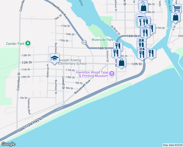 map of restaurants, bars, coffee shops, grocery stores, and more near 1106 Hawthorne Street in Two Rivers
