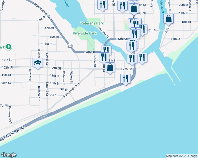 map of restaurants, bars, coffee shops, grocery stores, and more near 1109 School Street in Two Rivers