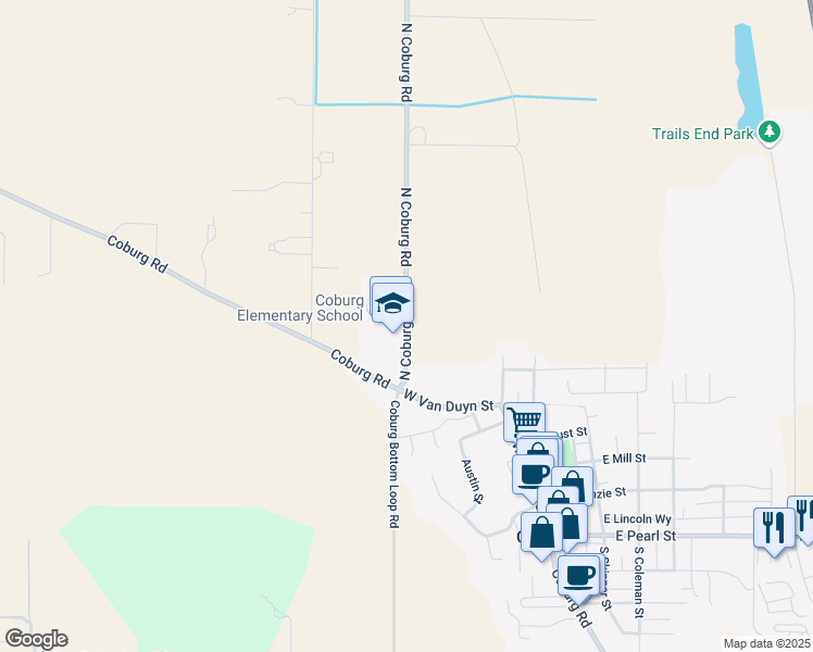 map of restaurants, bars, coffee shops, grocery stores, and more near North Coburg Road in Coburg