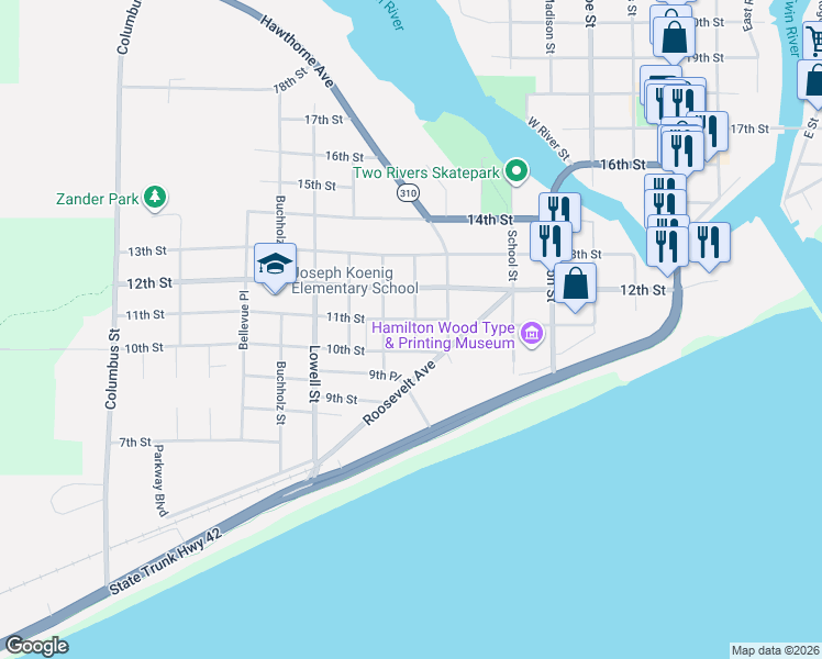 map of restaurants, bars, coffee shops, grocery stores, and more near 2214 11th Street in Two Rivers