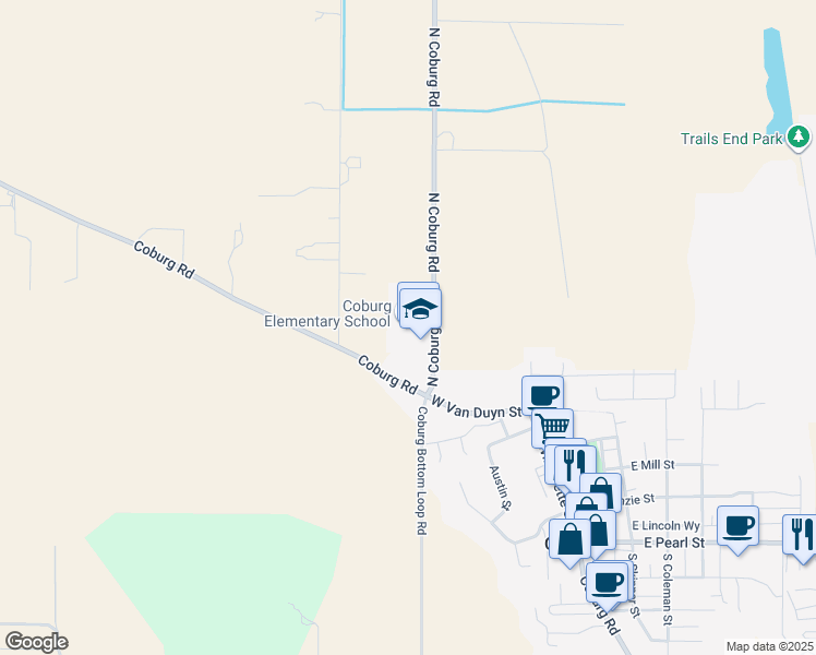 map of restaurants, bars, coffee shops, grocery stores, and more near 91274 North Coburg Road in Coburg