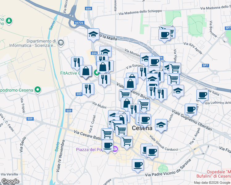 map of restaurants, bars, coffee shops, grocery stores, and more near 55 Sobborgo Federico Comandini in Cesena