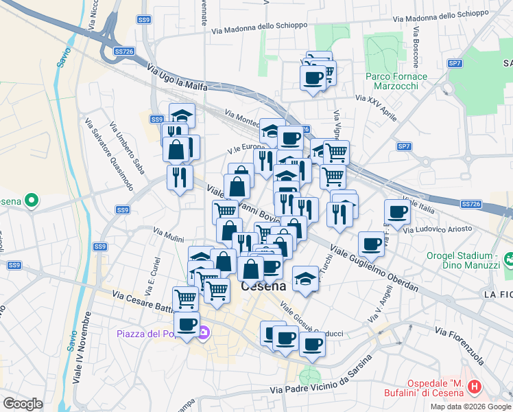 map of restaurants, bars, coffee shops, grocery stores, and more near 259 Via Mario Angeloni in Cesena