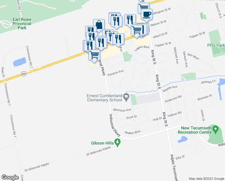 map of restaurants, bars, coffee shops, grocery stores, and more near 37 Smith Street in New Tecumseth