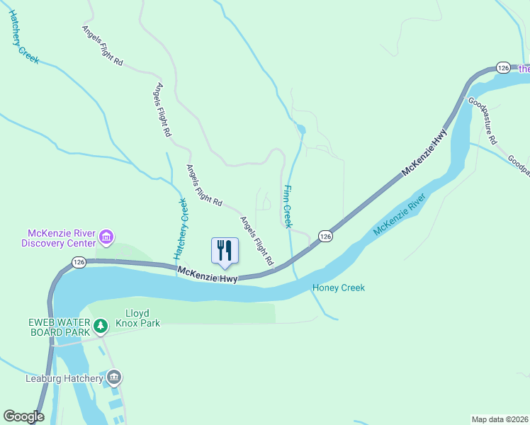 map of restaurants, bars, coffee shops, grocery stores, and more near 44989 McKenzie Highway in Leaburg