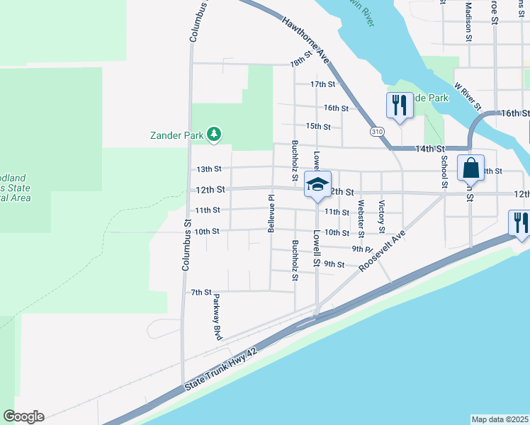 map of restaurants, bars, coffee shops, grocery stores, and more near 2623 11th Street in Two Rivers