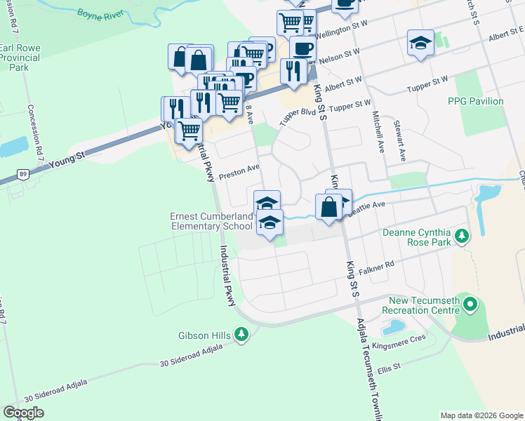 map of restaurants, bars, coffee shops, grocery stores, and more near 142 8 Avenue in New Tecumseth