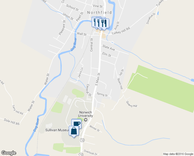 map of restaurants, bars, coffee shops, grocery stores, and more near 376 South Main Street in Northfield