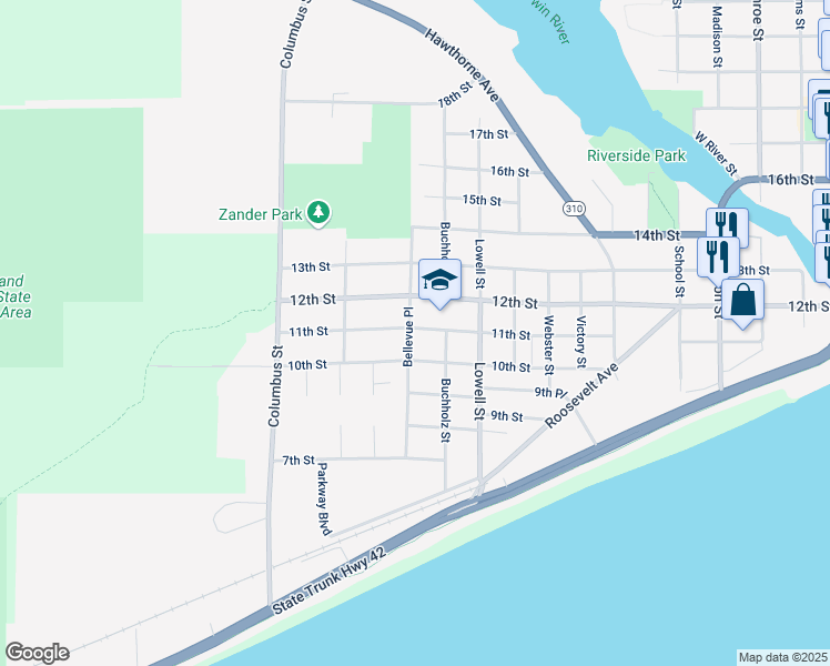 map of restaurants, bars, coffee shops, grocery stores, and more near 2623 11th Street in Two Rivers