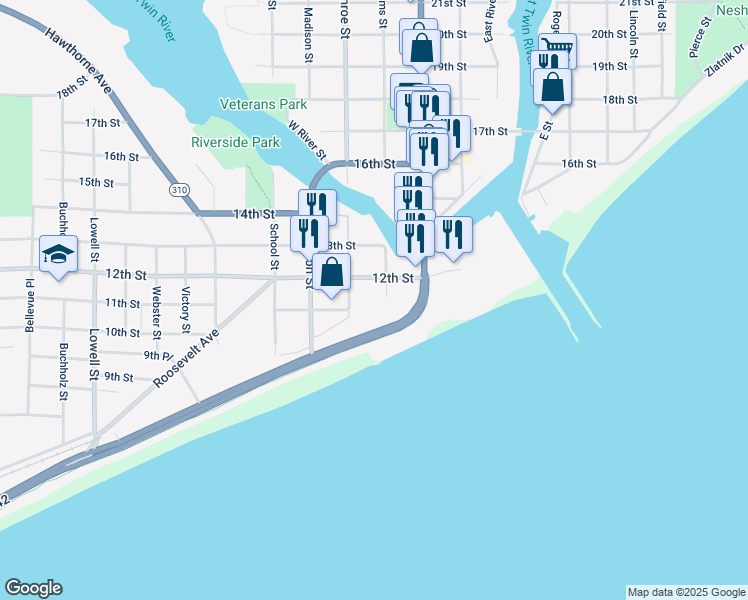 map of restaurants, bars, coffee shops, grocery stores, and more near 1001 Adams Street in Two Rivers