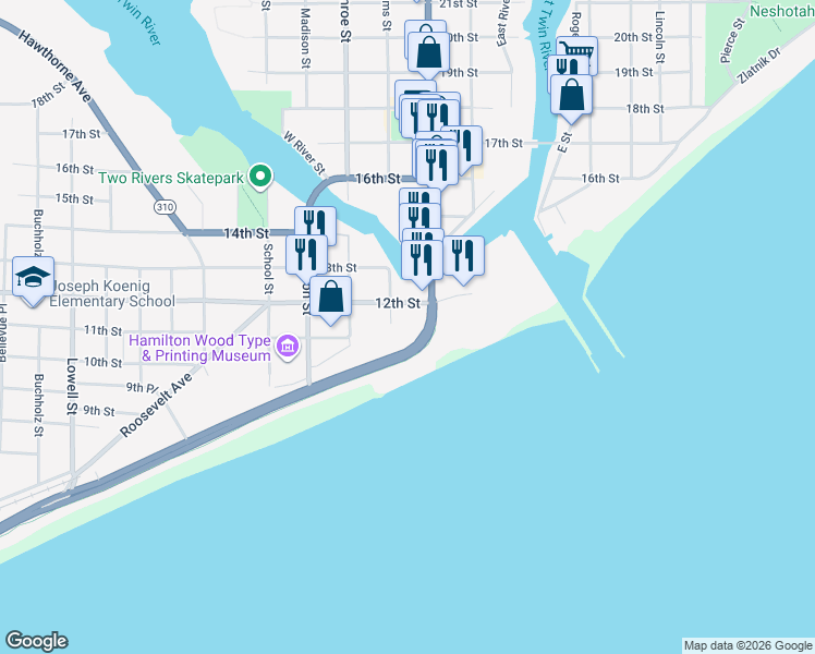 map of restaurants, bars, coffee shops, grocery stores, and more near 1001 Adams Street in Two Rivers