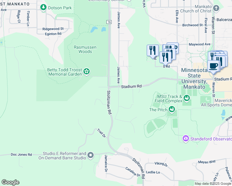 map of restaurants, bars, coffee shops, grocery stores, and more near 709 James Avenue in Mankato