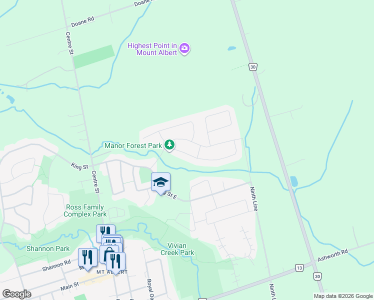 map of restaurants, bars, coffee shops, grocery stores, and more near 26 Manor Forest Road in East Gwillimbury