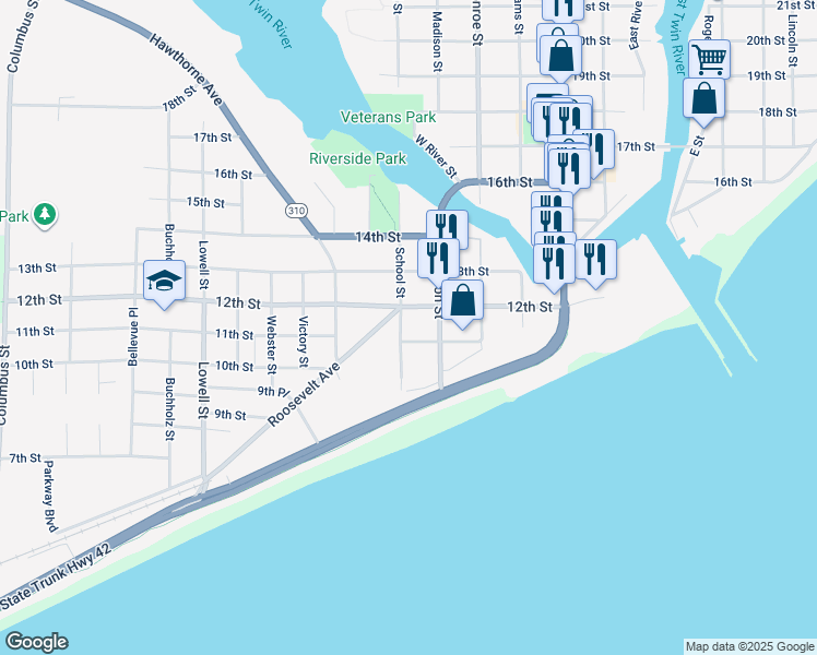 map of restaurants, bars, coffee shops, grocery stores, and more near 1109 School Street in Two Rivers