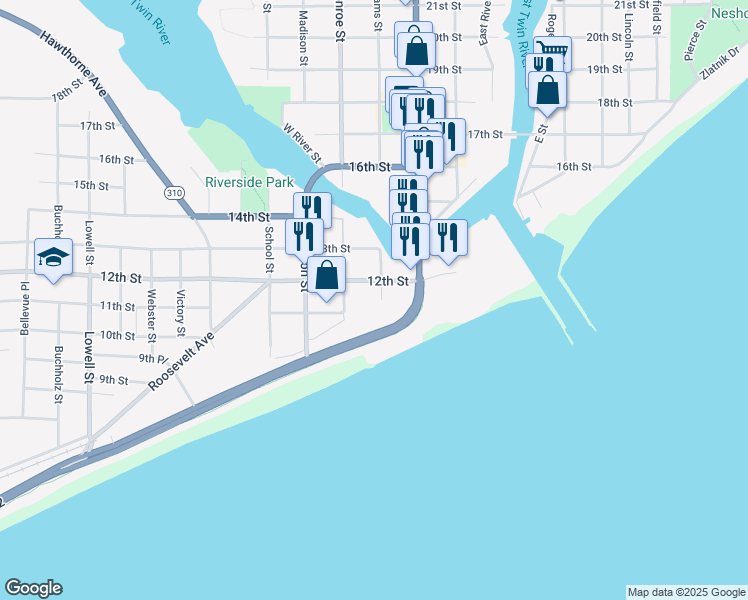 map of restaurants, bars, coffee shops, grocery stores, and more near 1100 Adams Street in Two Rivers