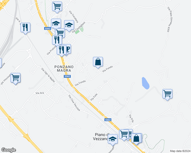 map of restaurants, bars, coffee shops, grocery stores, and more near 28 Via Fonda in Santo Stefano di Magra
