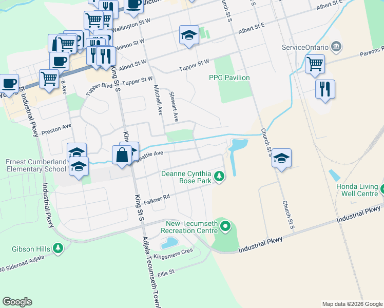 map of restaurants, bars, coffee shops, grocery stores, and more near in New Tecumseth