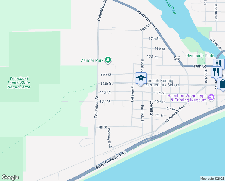 map of restaurants, bars, coffee shops, grocery stores, and more near 2814 11th Street in Two Rivers