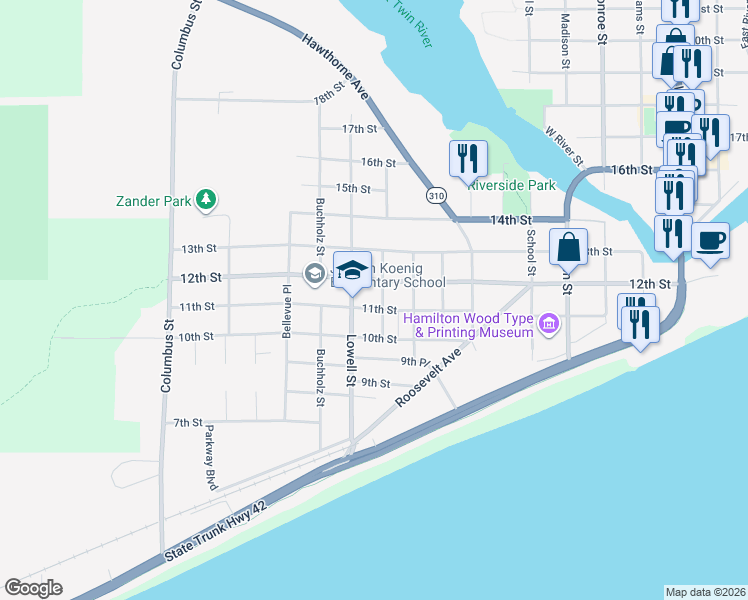 map of restaurants, bars, coffee shops, grocery stores, and more near 1105 Lowell Street in Two Rivers