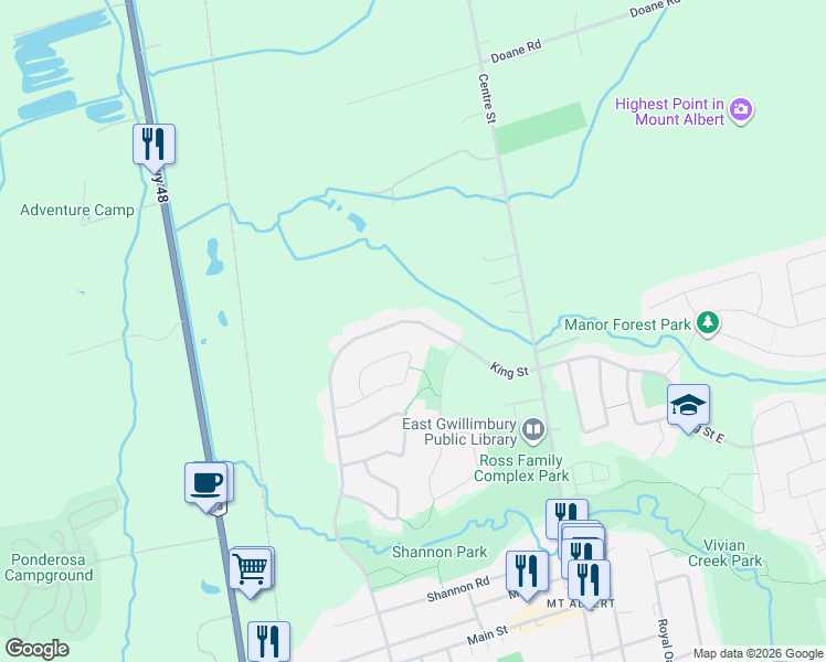 map of restaurants, bars, coffee shops, grocery stores, and more near 195 King Street East in East Gwillimbury