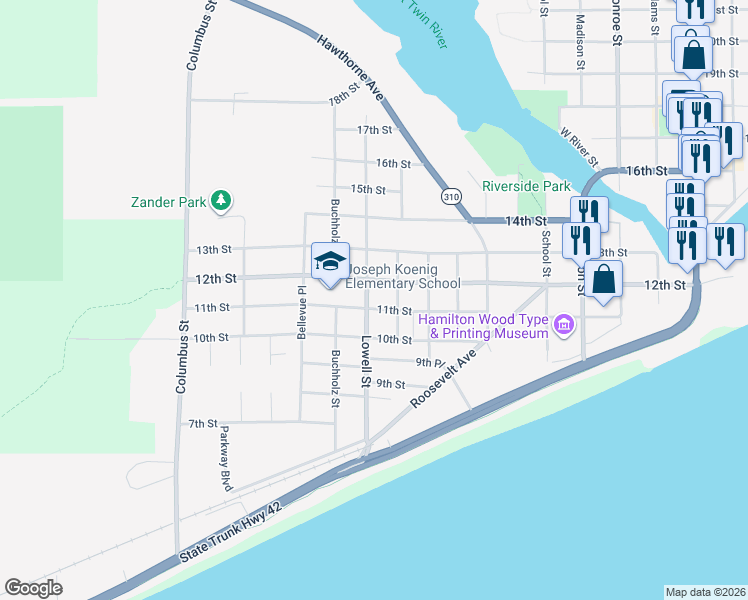 map of restaurants, bars, coffee shops, grocery stores, and more near 1105 Lowell Street in Two Rivers