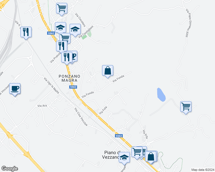 map of restaurants, bars, coffee shops, grocery stores, and more near 28 Via Fonda in Santo Stefano di Magra