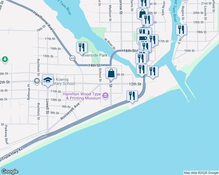 map of restaurants, bars, coffee shops, grocery stores, and more near 1107 Madison Street in Two Rivers
