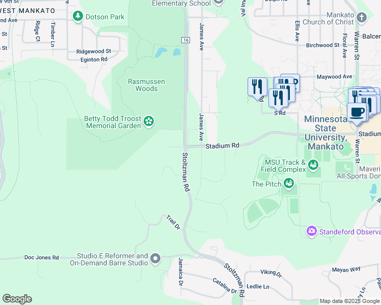 map of restaurants, bars, coffee shops, grocery stores, and more near 709 James Avenue in Mankato