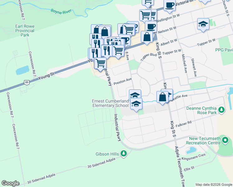 map of restaurants, bars, coffee shops, grocery stores, and more near 58 Smith Street in New Tecumseth